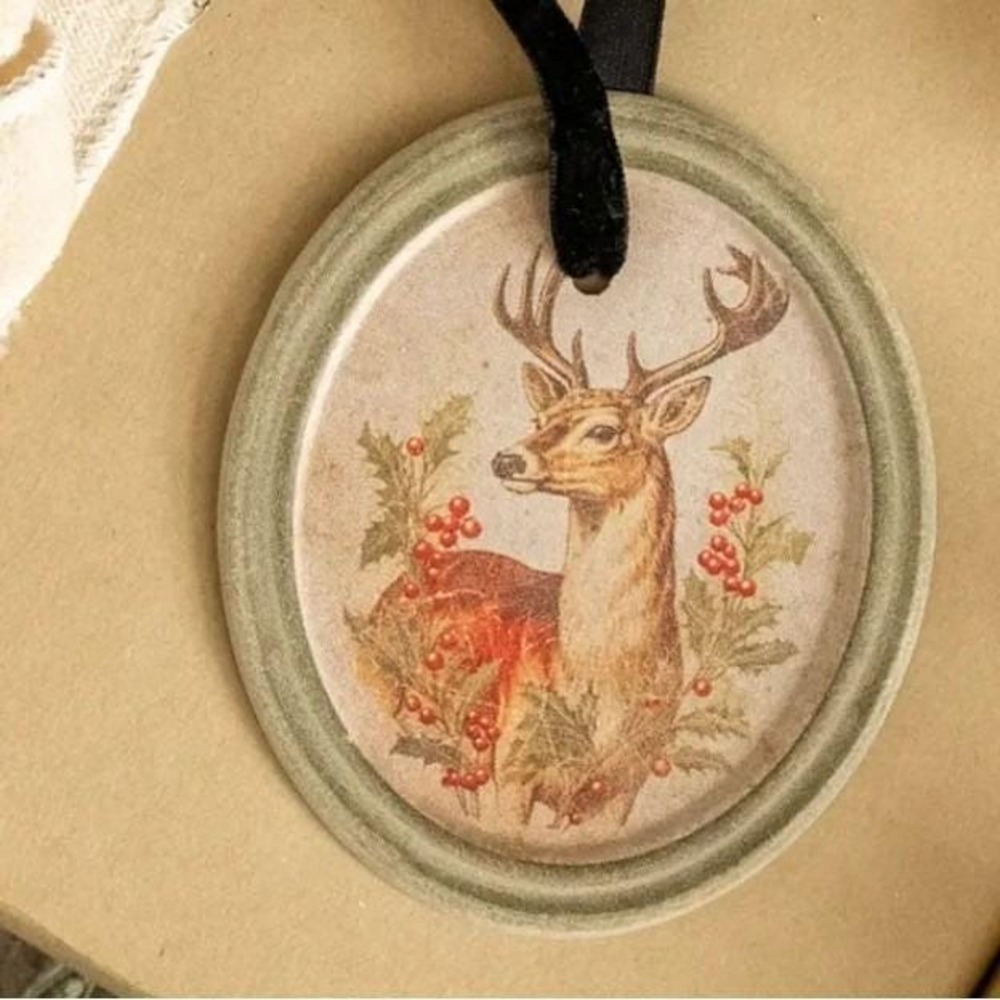 Ragon House Christmas‎ Vintage Style Framed Holiday Stag Oval Ornament NEW